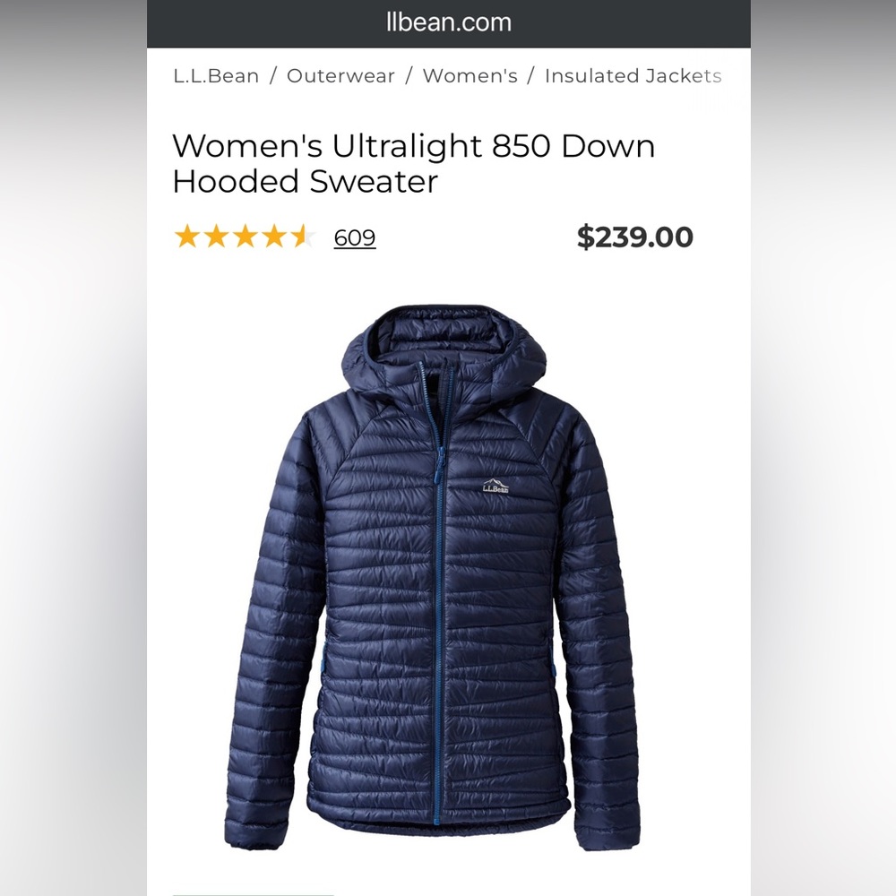 L.L. Bean Women's Ultralight 850 Down Hooded Sweater